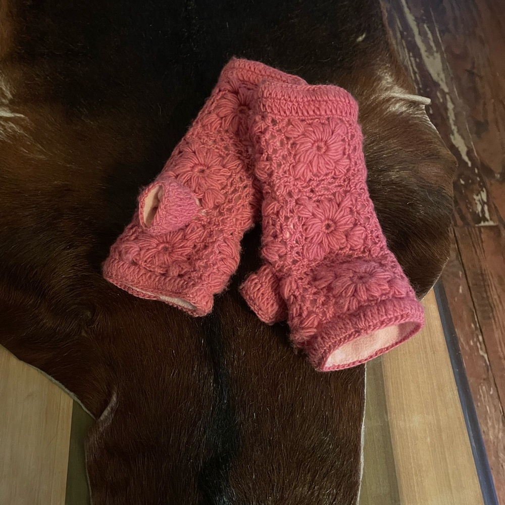 Pink Flower Crochet Handwarmers
